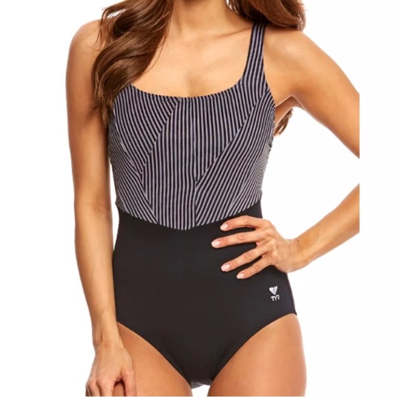 TYR Black White Monroe Stripe Aqua Controlfit One Piece Swimsuit 12 - Picture 1 of 11